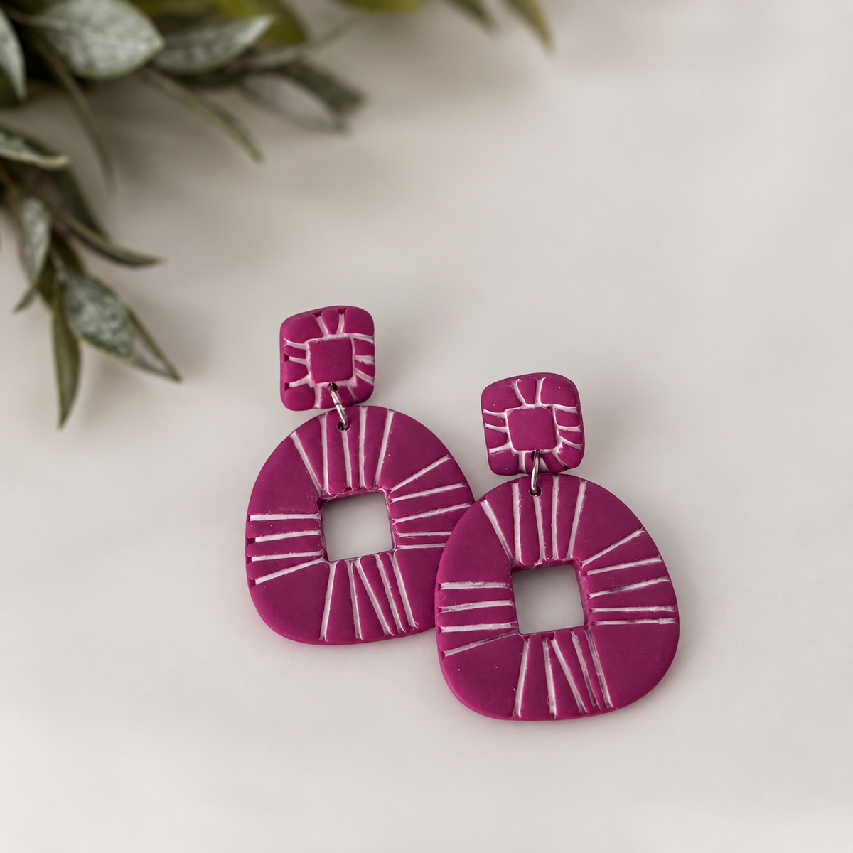 Bold purple and white polymer clay earrings