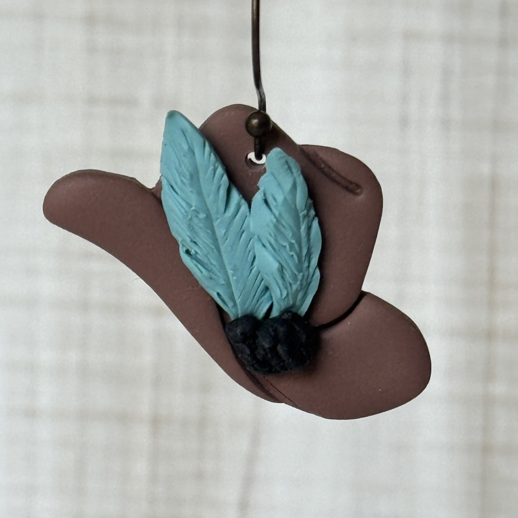 Brown teal feathered hat polymer clay earrings