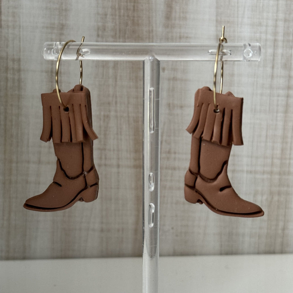 Brown fringe cowgirl boot polymer clay earrings