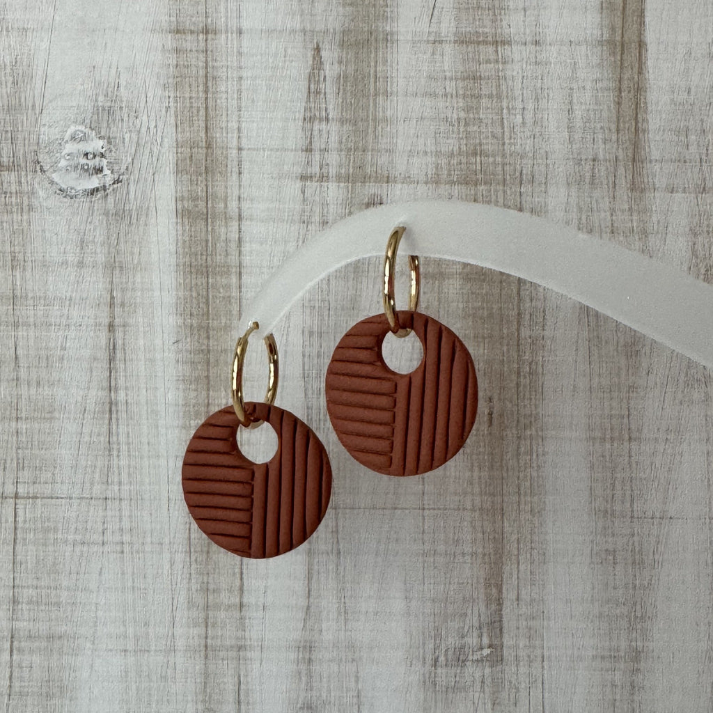 Terracotta round polymer clay earrings on gold hoops