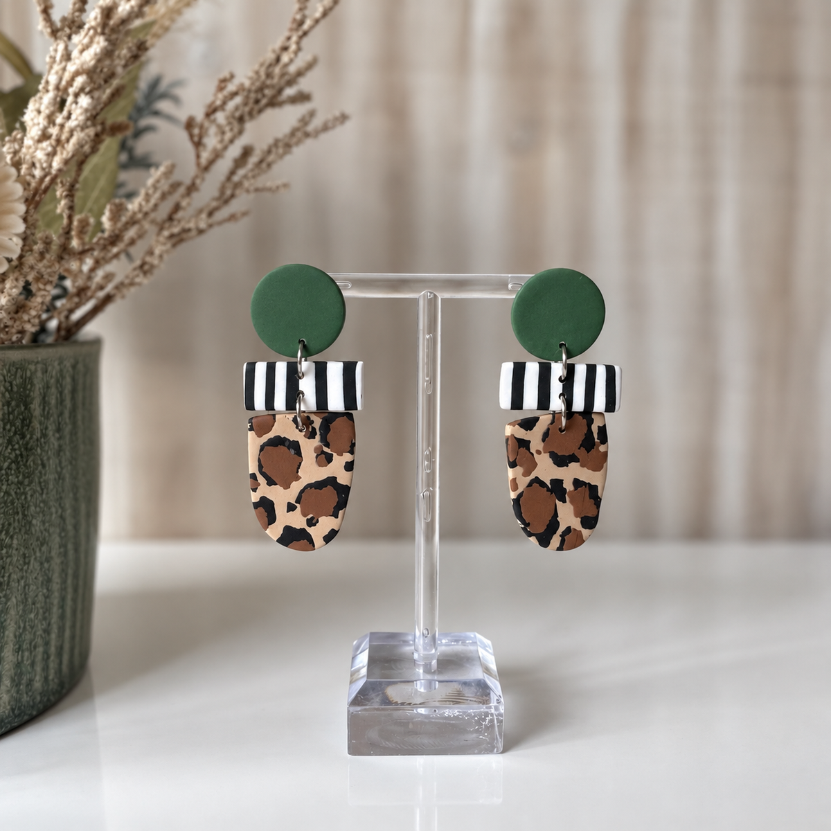 Leopard print statement polymer clay earrings