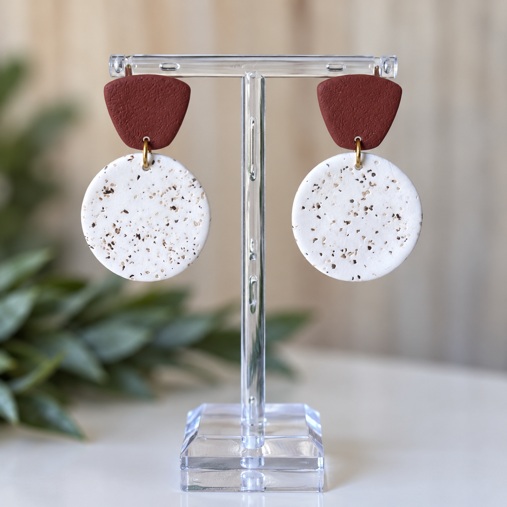 Rust and white speckled polymer clay earrings