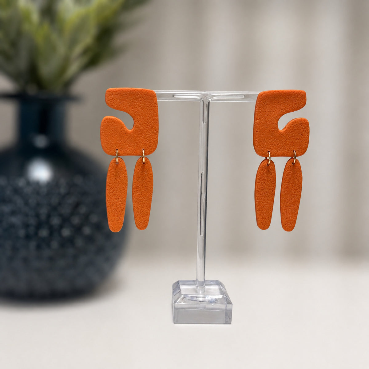 Geometric long orange polymer clay earrings