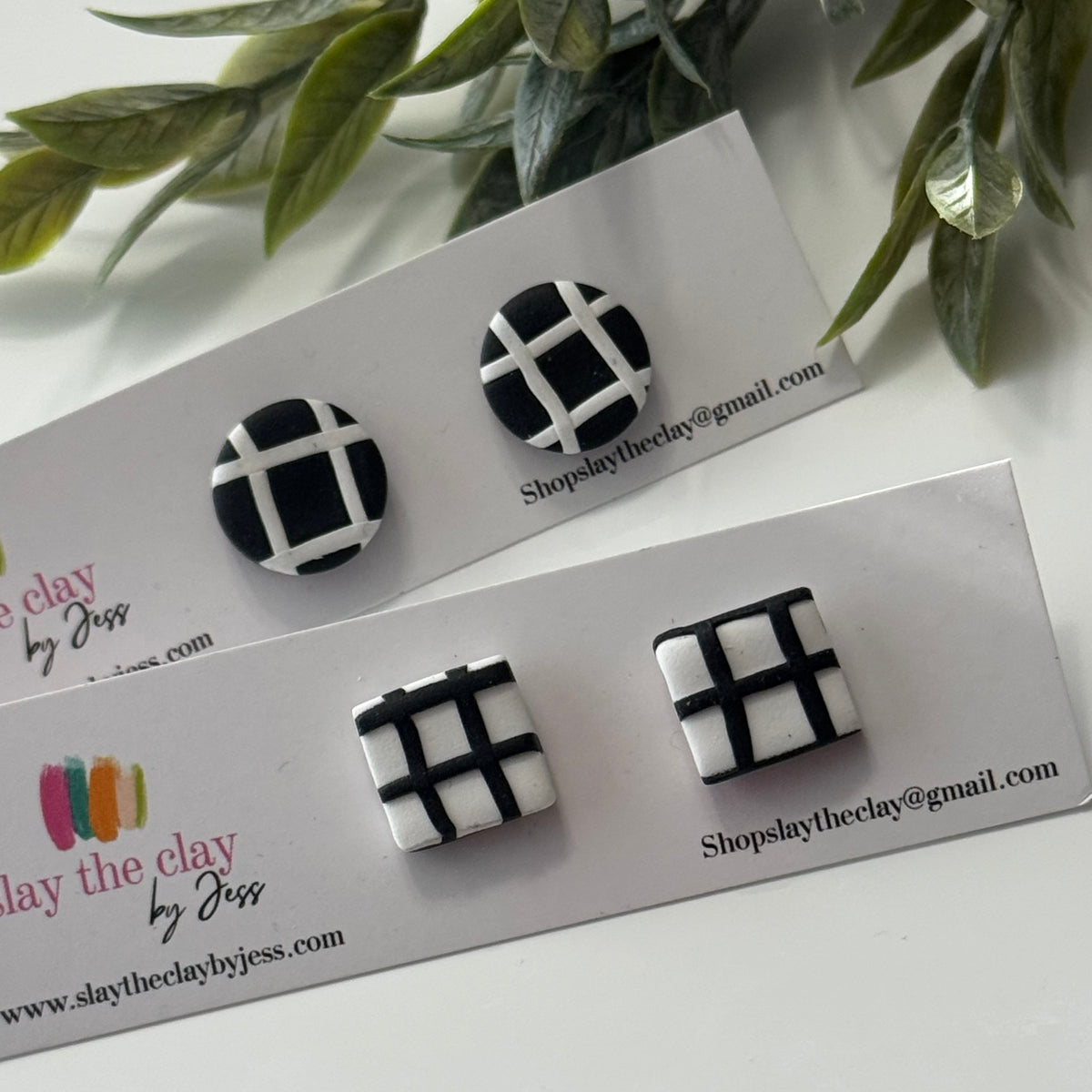 Black and white plaid polymer clay stud earrings