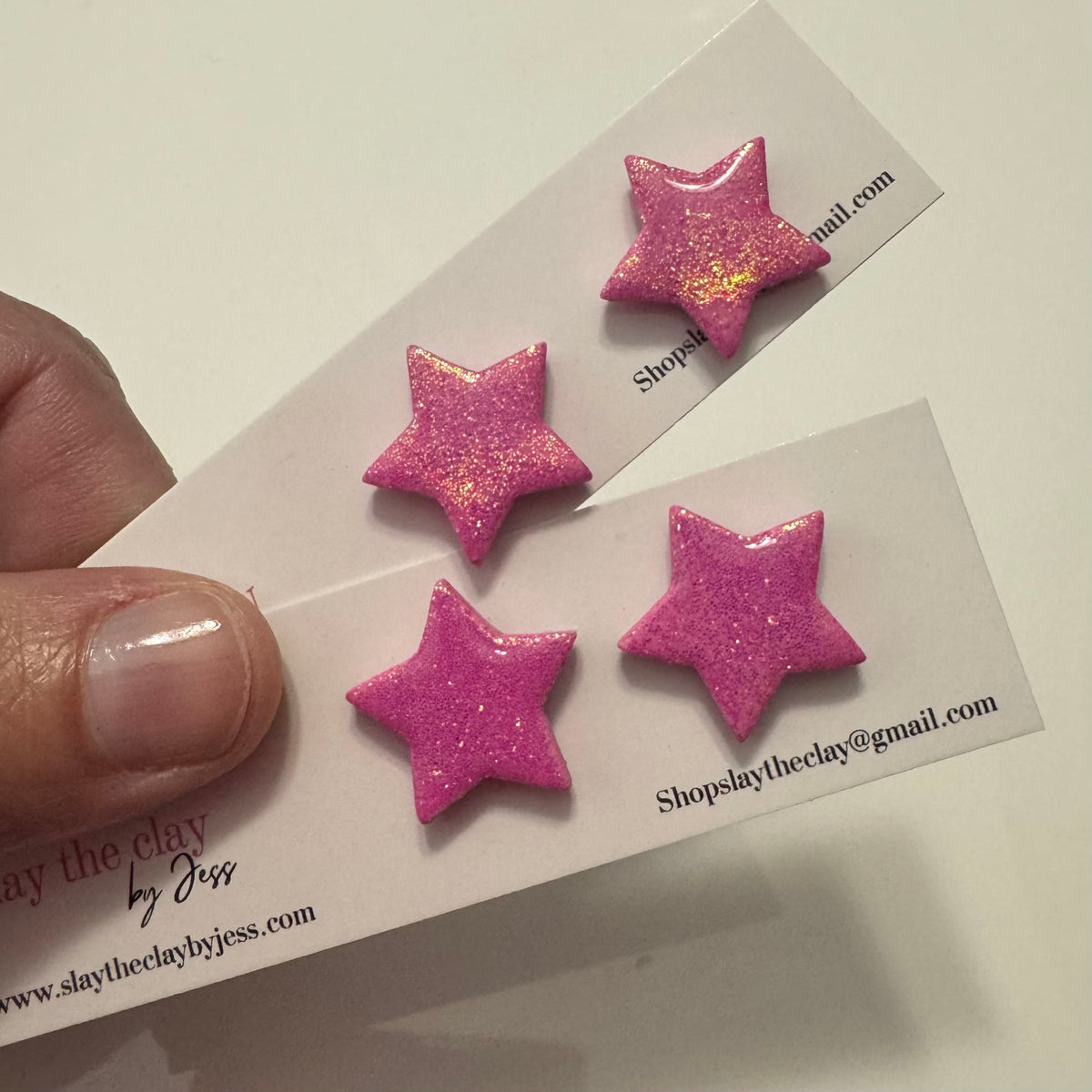Hot pink glitter polymer clay star studs