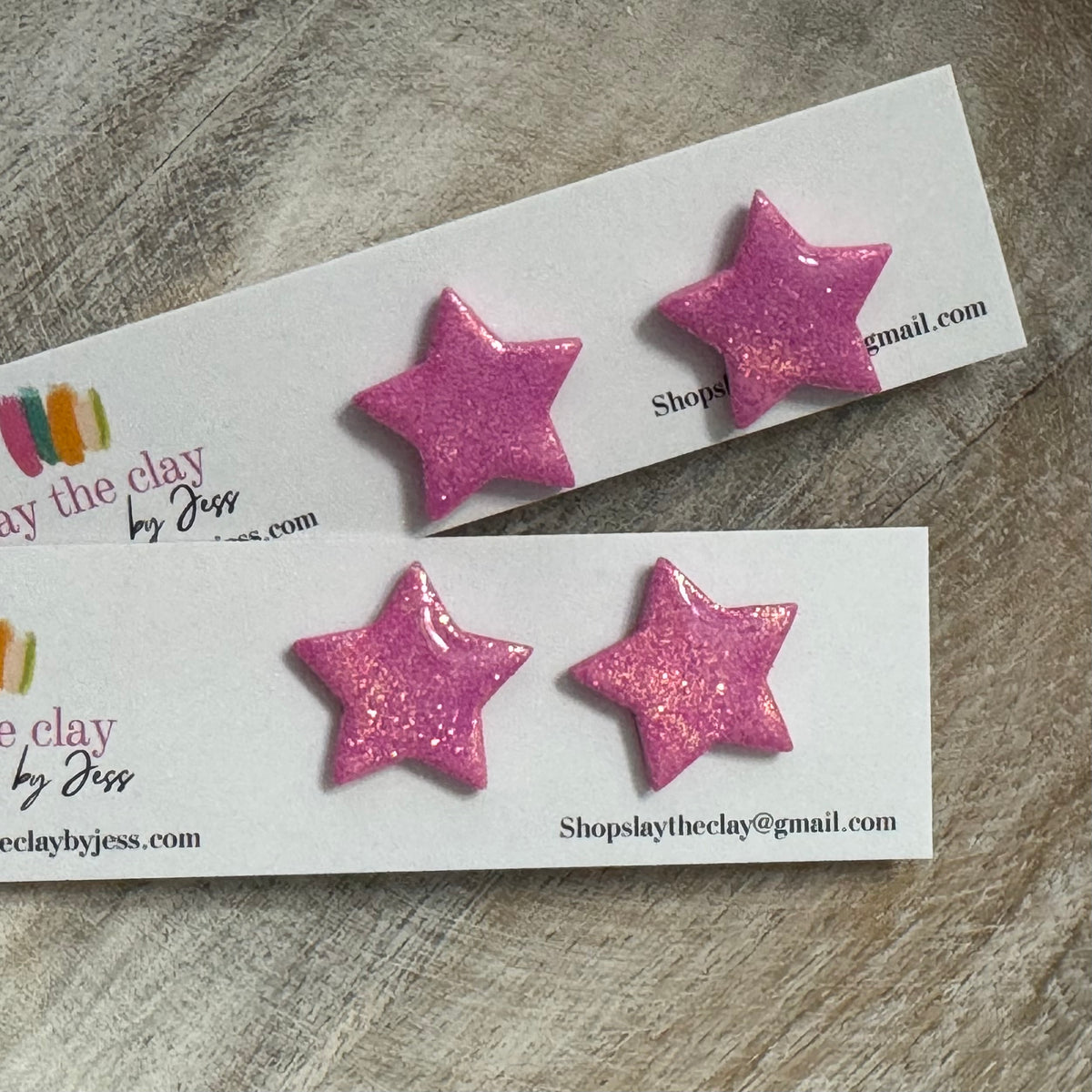 Hot pink glitter polymer clay star studs