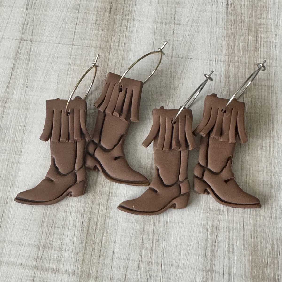 Brown fringe cowgirl boot polymer clay earrings